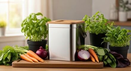 Modern stainless steel kitchen container with fresh vegetables and herbs, perfect for organized food storage.