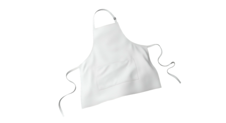 Plain white apron with neck loop, pocket, and long ties against black background