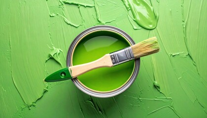 Overhead shot of a paint can filled with vibrant green paint, brush rests inside