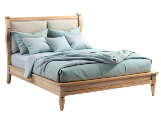 Wooden Bed Dressed in Soft Blue Linen Clear isolated on white background, PNG. AI Generated