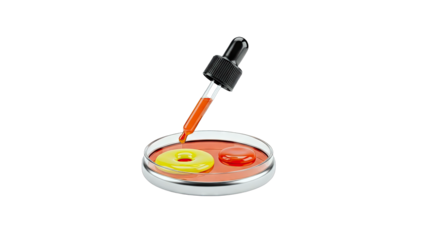 Dropper adding orange liquid to petri dish with colorful gel shapes