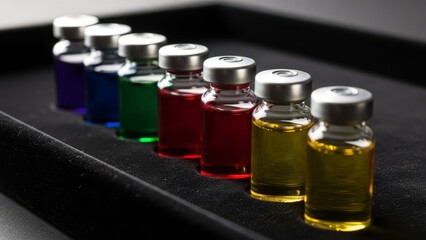 Row of multicolored medical vials filled with liquids, arranged for pharmaceutical research and development.