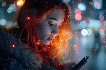 Young Woman with Phone Surrounded by Digital Patterns and Lights