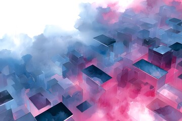 Abstract Colorful Urban Landscape with Clouds and Geometric Shapes