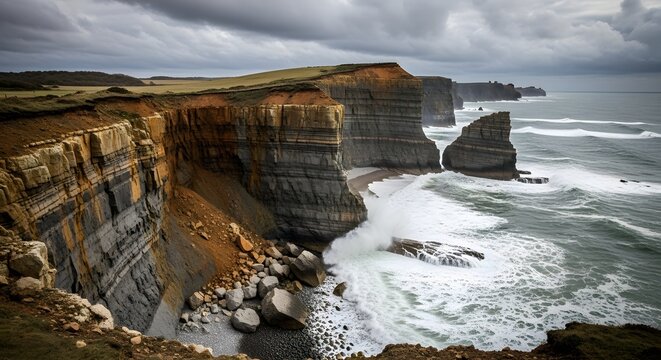 Dramatic ocean waves crash against rugged cliffs under a stormy sky