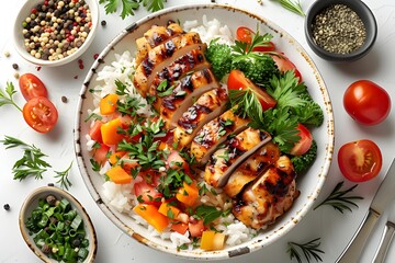 Delicious Grilled Chicken Bowl with Fresh Vegetables and Rice