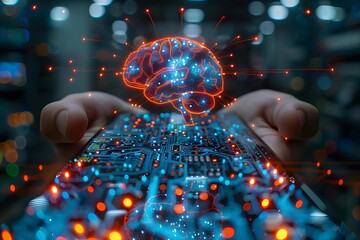 Digital Brain Concept on Smartphone Circuit Board with Glowing Effects
