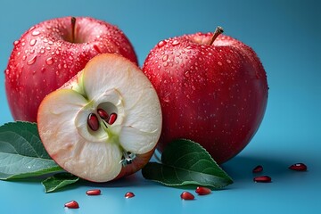 Fresh Red Apples with Water Droplets on Blue Background