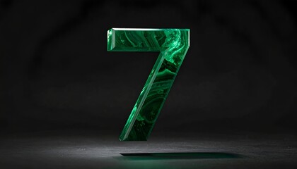 A vibrant emerald-patterned number seven floats against a dark backdrop