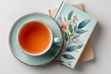Warm Tea in Turquoise Cup with Floral Notebook on White Surface