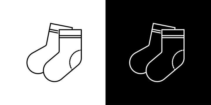 Pair of Simple Line Art Socks on White and Black Backgrounds, Minimalist Icon for Apparel and Clothing Collections