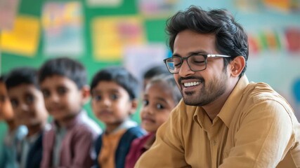 Male teacher assists young students in a bright classroom while enjoying an engaging learning experience together during morning lessons at an elementary school