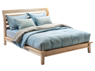 Wooden Bed Dressed in Soft Blue Linen Clear isolated on white background, PNG. AI Generated