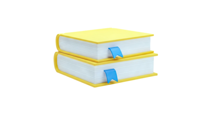 Two yellow books with blue bookmarks stacked on a white background