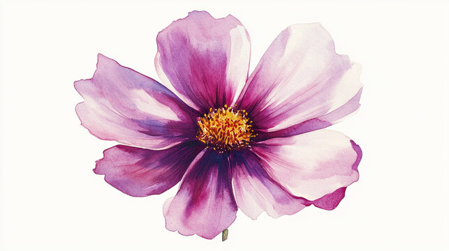 Watercolor cosmos flower with blended magenta and purple petals and bright yellow center, painted with soft brush strokes creating delicate and vibrant floral artwork