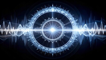 Abstract illustration of glowing sound waves emanating from a central core