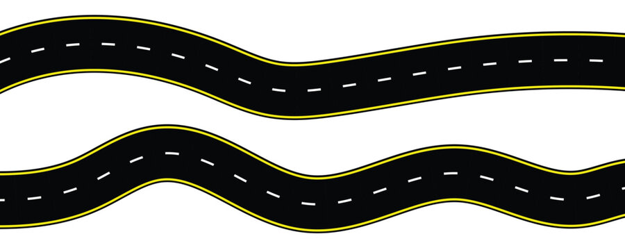 Wavy winding curves roads and horizontal path. Curved Road Highway, Winding Path, Roadway Path. Flat vector illustration isolated on transparent background.