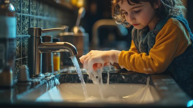 Kid washes hands in bathroom captured by camera while enjoying the moment and learning about hygiene practices with a parent nearby