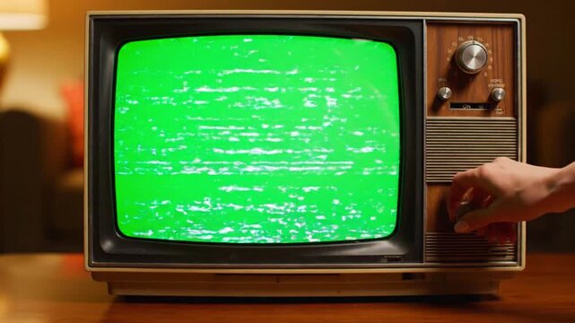 A hand turning a knob on a classic wooden television, which displays a dark, unlit green screen in an indoor setting.