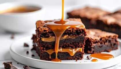 Decadent chocolate brownies with caramel drizzle, stacked on a white plate