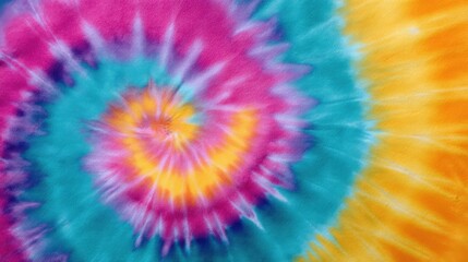 Vibrant tie-dye pattern with a dazzling spiral of fuchsia, teal, and orange hues