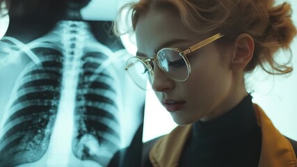Woman doctor analyzing patient chest x-ray during medical consultation in a clinic setting, focused on diagnosis and treatment planning for respiratory health issues - Powered by Adobe