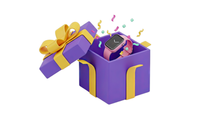 Pink Smartwatch Unboxed from Purple Gift Box with Confetti