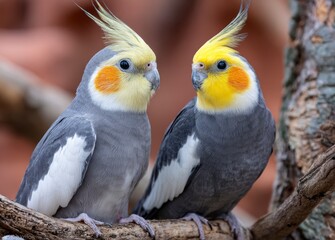 Fototapeta premium Two cockatiels sit side by side on a rustic branch, their bright crests and orange cheeks highlighted against a soft brown background, ideal for pet, wildlife, or companionship themes.