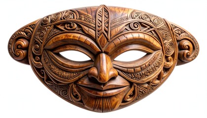 Intricately carved wooden face mask with detailed patterns, open eyes