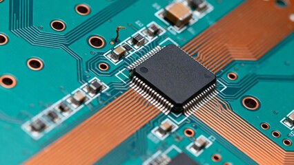 Circuit board with central chip and teal traces
