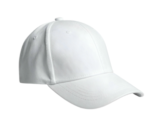 Isolated white baseball cap, angled, on black background, showcasing details