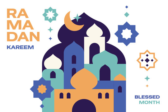 Ramada Kareem design with mosque and modern geometric islamic decirative element.