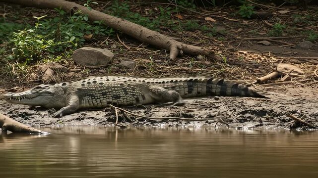 A large crocodile rests on the bank of a river, basking in the sun.