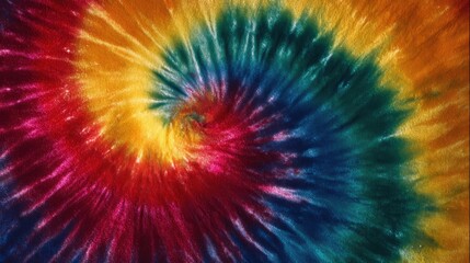 A vibrant and colorful tie-dye spiral pattern on fabric showcasing a psychedelic blend of hues