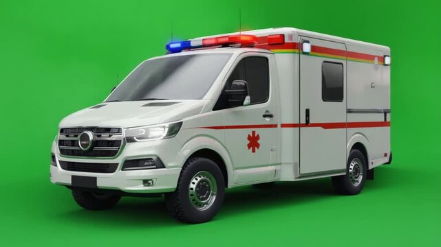 A white ambulance with red and blue lights on a green background video