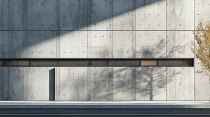 Minimalist Architecture: Concrete Facade with Tree Shadow. The composition highlights the play of light and shadow, featuring a concrete facade with a linear window and the silhouette of a tree.
