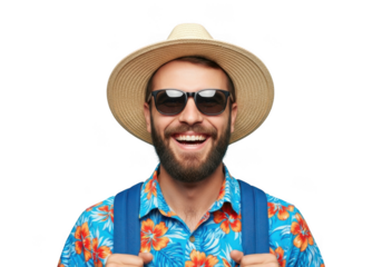 Smiling tourist with sunglasses and hat isolated on transparent background