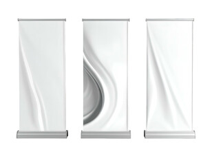 Three blank promotional displays with vertical orientation and a silver base