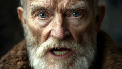 Elderly man with glasses and white beard gazing thoughtfully at the camera in a dimly lit setting indoors