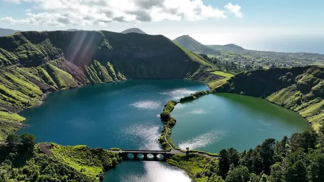Scenic aerial view of Lagoa das Sete Cidades, a volcanic crater lake in the Azores, Portugal, with lush greenery and bridges.