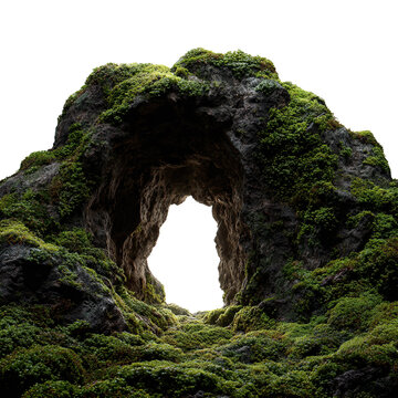 Dark cave entrance in a mossy rock formation transparent background