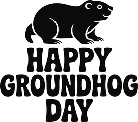 Black and White Groundhog Day Graphic Silhouette and Playful Bubble Font Lettering