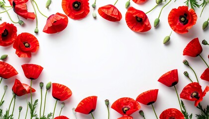 Overhead shot of red poppy flowers and buds artfully arranged on a white background