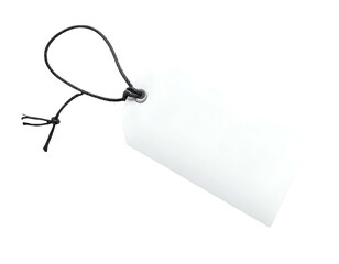 A white rectangular tag with a black string, isolated on black