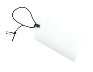 A white rectangular tag with a black string, isolated on black