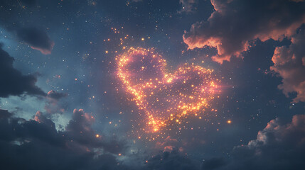 Glowing heart shape made of golden sparkling stars shines brightly in dark blue celestial sky surrounded by soft pink and gray clouds, creating magical and romantic atmosphere