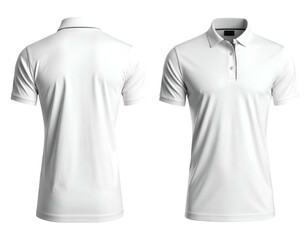 Front and back views of a white polo shirt, isolated on a dark background