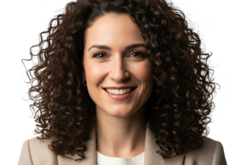 Smiling woman with curly hair isolated on transparent background poses for portrait