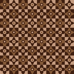 Abstract seamless pattern with repeating geometric floral shapes in warm brown tones. Retro-style ornamental design ideal for wallpaper, textiles, packaging, and backgrounds