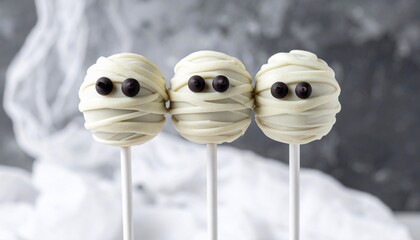 Three Halloween cake pops shaped as mummies with chocolate chip eyes on sticks, background